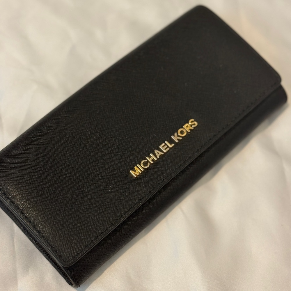 Michael Kors Black Leather Wallet with Gold Logo